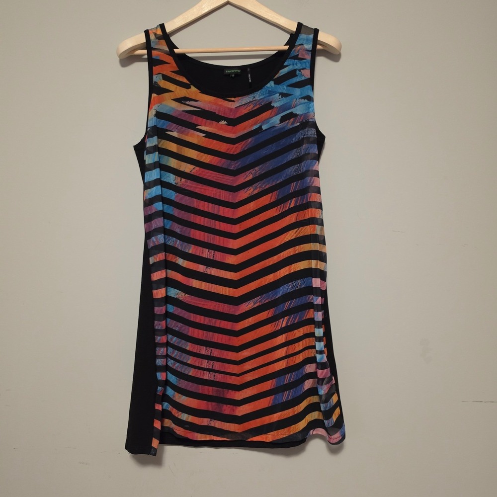 Tricotto Chevron Stripe Abstract Print Sleeveless Mesh Overlay Tunic Black XS
